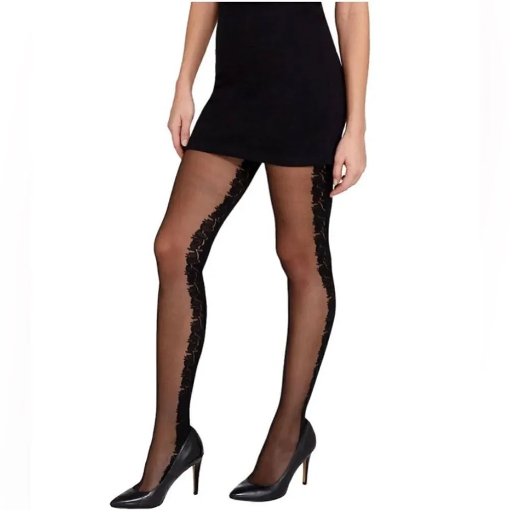 HUE Baroque Split Control Top Tights Half & Half S/M BLACK